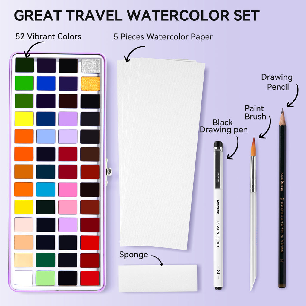 MeiLiang 52 Watercolor Paint Set, Travel Watercolors Set with Drawing  Pencil, Paint Brushes, 5 Watercolor Paper, Sponge & Black Drawing Pens,  Water Colors Paint for Adults, Art Supplies, Purple Case