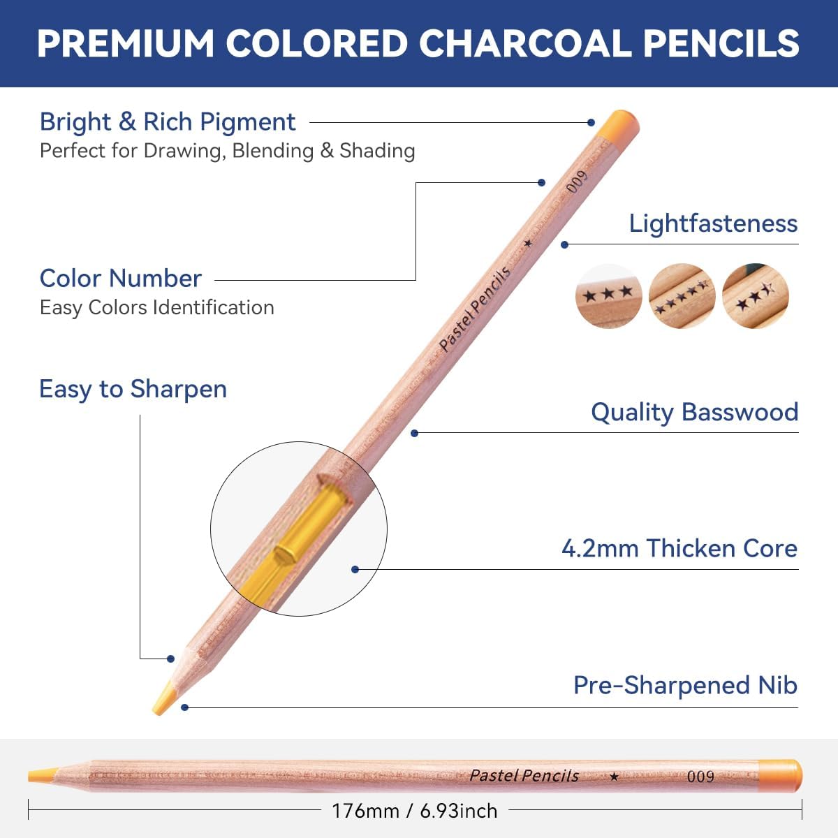 LIGHTWISH Farbige Kohlestifte, 24 Farben Pastellkreidestifte-Set in Metallgeschenkbox, für Künstleranfänger und Erwachsene