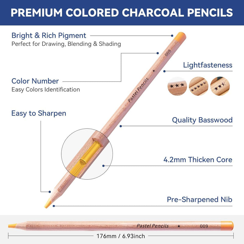 LIGHTWISH Colored Charcoal Pencils, 24 Colors Pastel Chalk Pencils Set in Gift Metal Box, for Beginners And Adults Artists