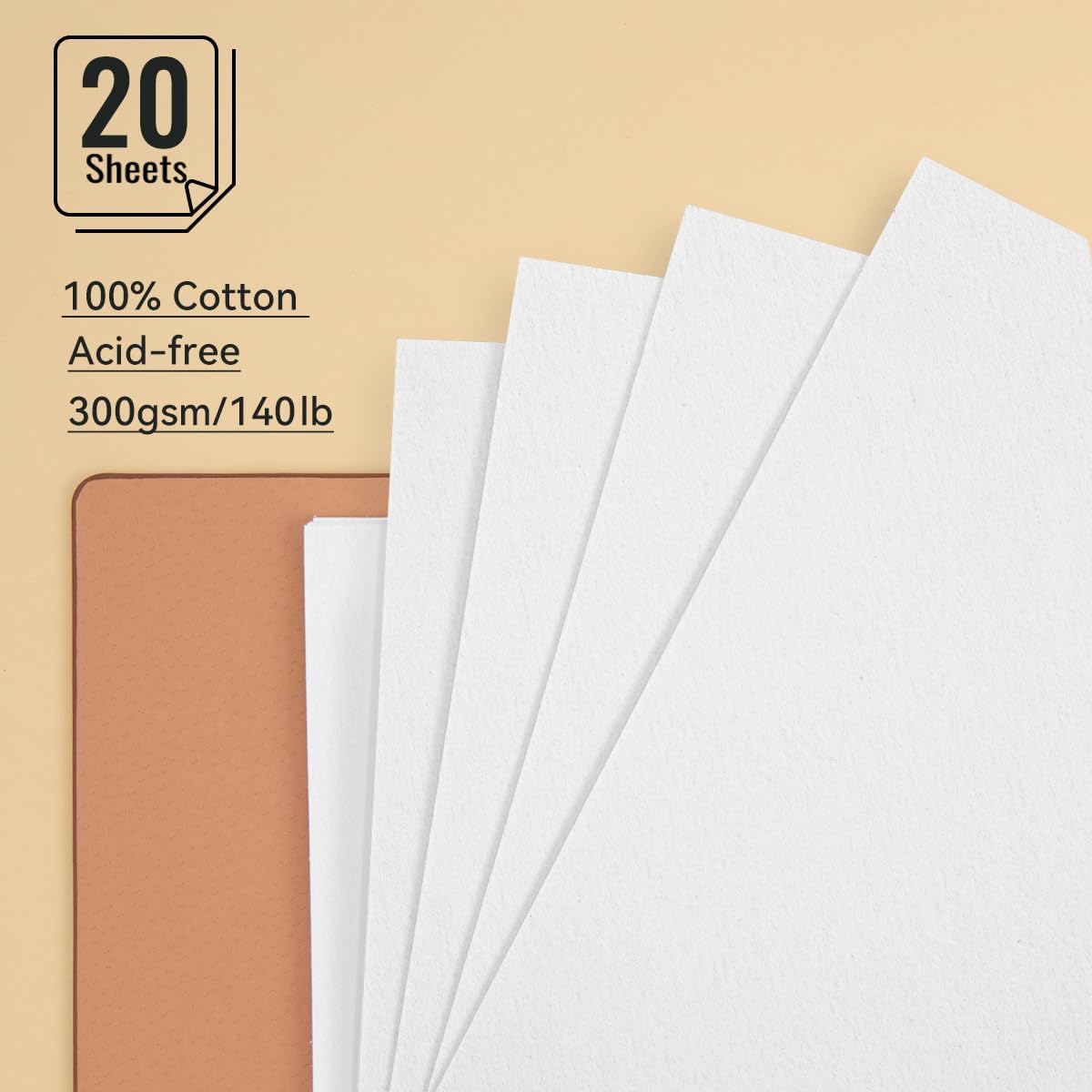 Lightwish 100% Cotton Acid Free Watercolor Journal/Sketchbook,300gsm/140lb, Hot Press Watercolor Paper,20 Sheets,9.25 * 6.3 Inches