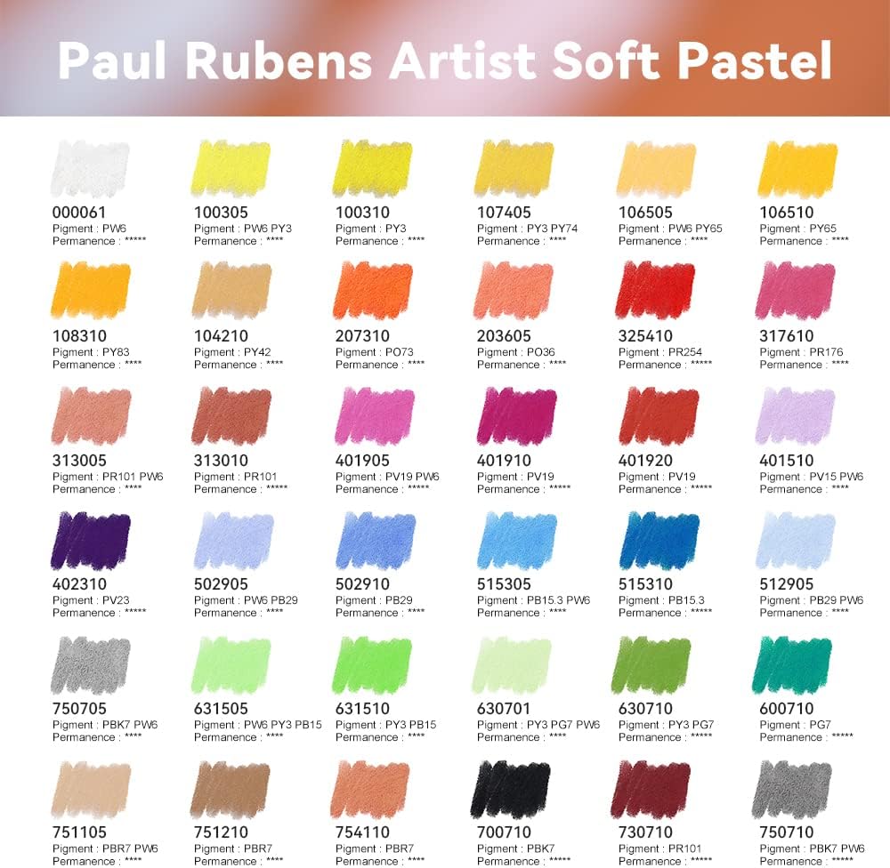 Paul Rubens Pastels doux professionnels, 36 couleurs pastels à la craie 