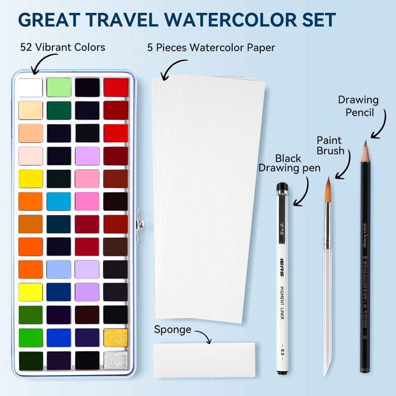 MeiLiang Watercolor Paint Set 52 Colors in Half Pans with accessories (Blue box)