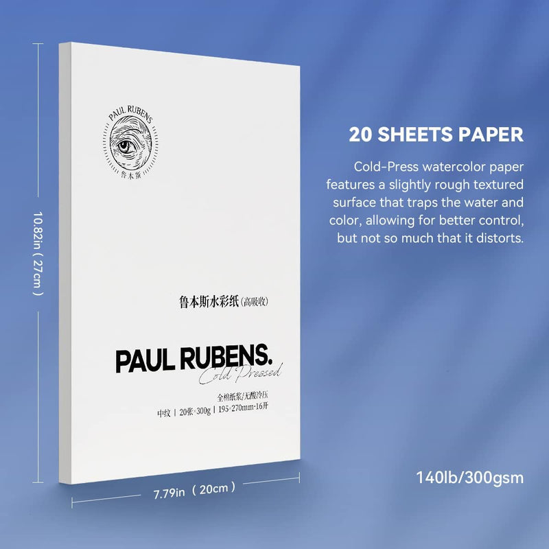 Paul Rubens High Absorption Watercolor Paper,Acid-Free Cold Pressed 10.82x7.79'', 100% Cotton 300gsm 20 Sheets Paper Pack