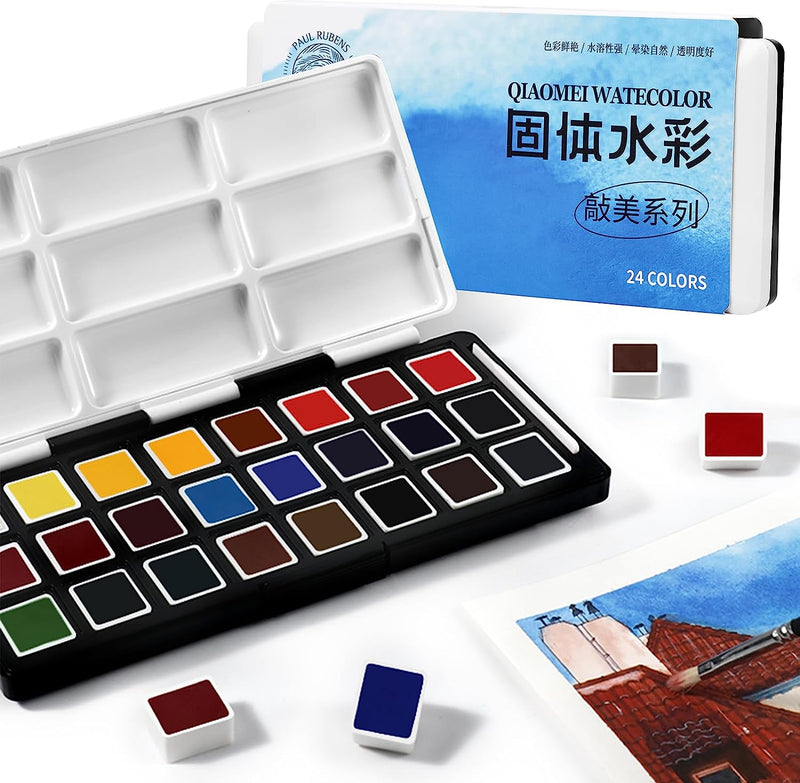 Paul Rubens Professional Watercolor Paint Set Artist Grade, 24 Colors Solid  Paint with Portable Metal Box Travel Watercolor for Artists