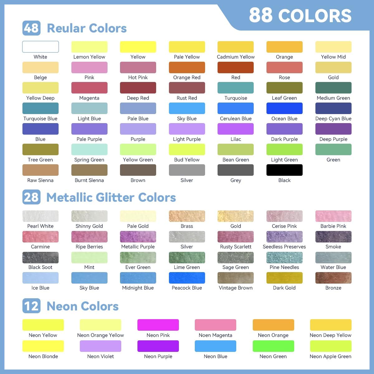 Ensemble de peinture aquarelle-88 couleurs ensemble de peinture aquarelle (48 couleurs régulières, 28 couleurs métalliques et 12 couleurs fluorescentes) 