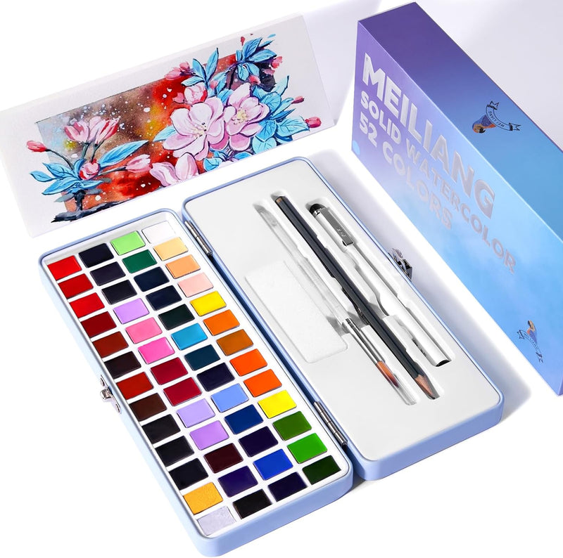MeiLiang Watercolor Paint Set 52 Colors in Half Pans with accessories (Blue box)