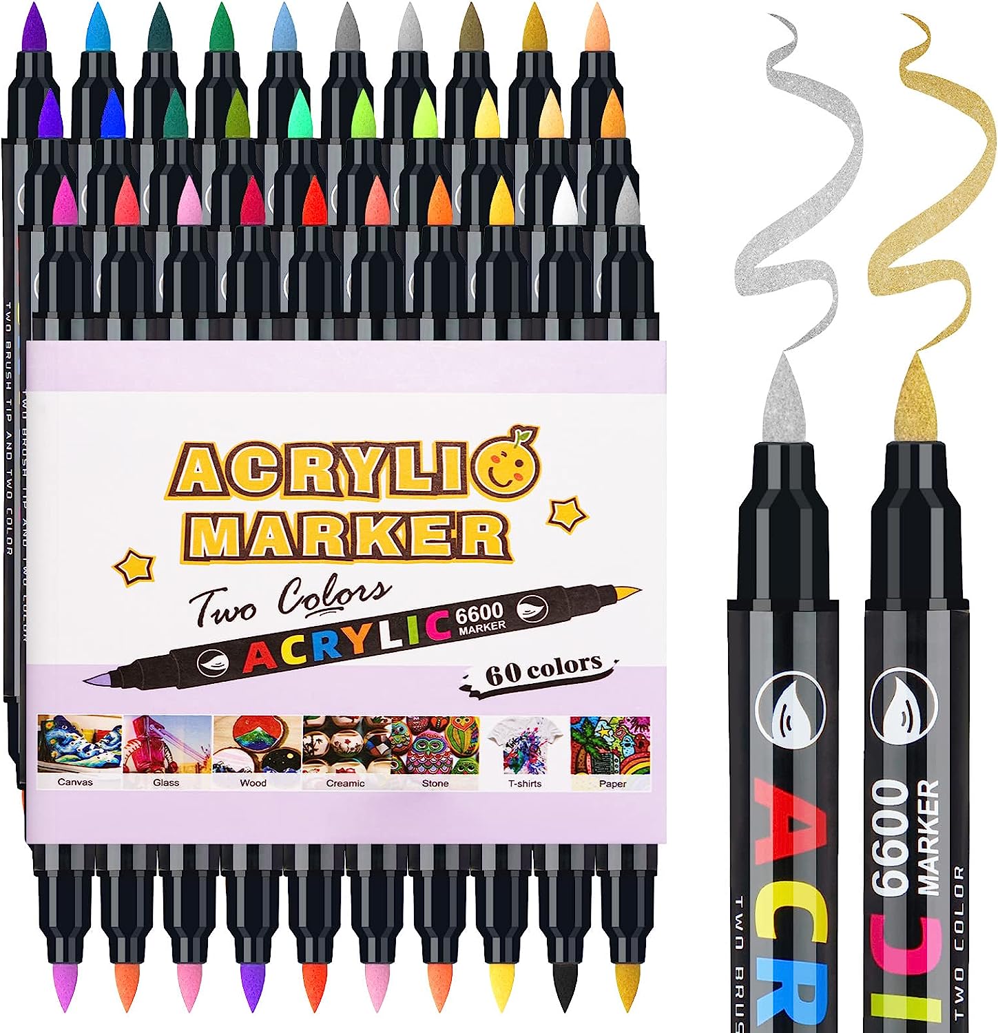 Lightwish Acrylfarbenstifte in 60 Farben, Doppelpinselspitze und Acrylfarbenmarker in zwei Farben