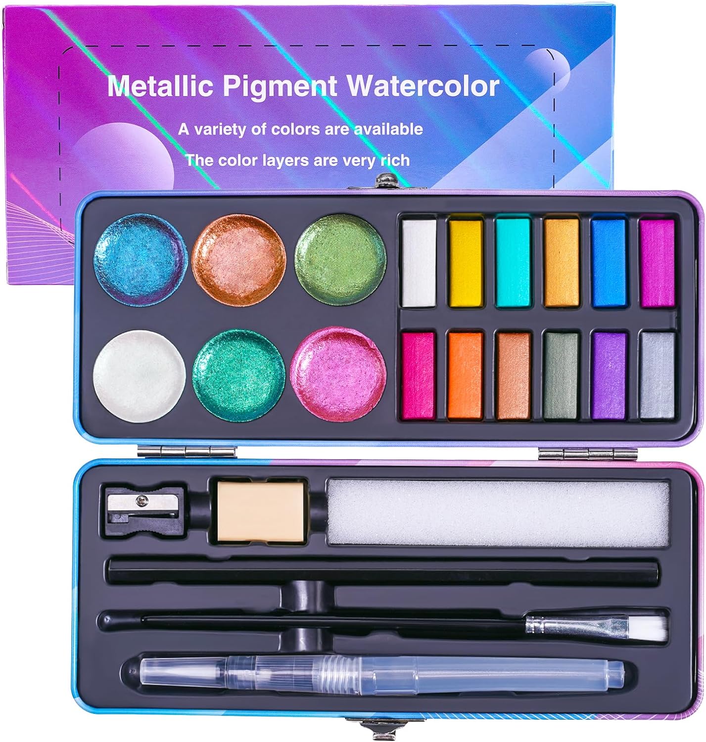  Dyvicl Glitter Metallic Watercolor Paint Set - 12 Assorted  Colors, Portable Box with Water Brush, Sparkle Metallic Accents for Black  Paper Drawing, Illustrating, Making Card, Coloring Books : Everything Else