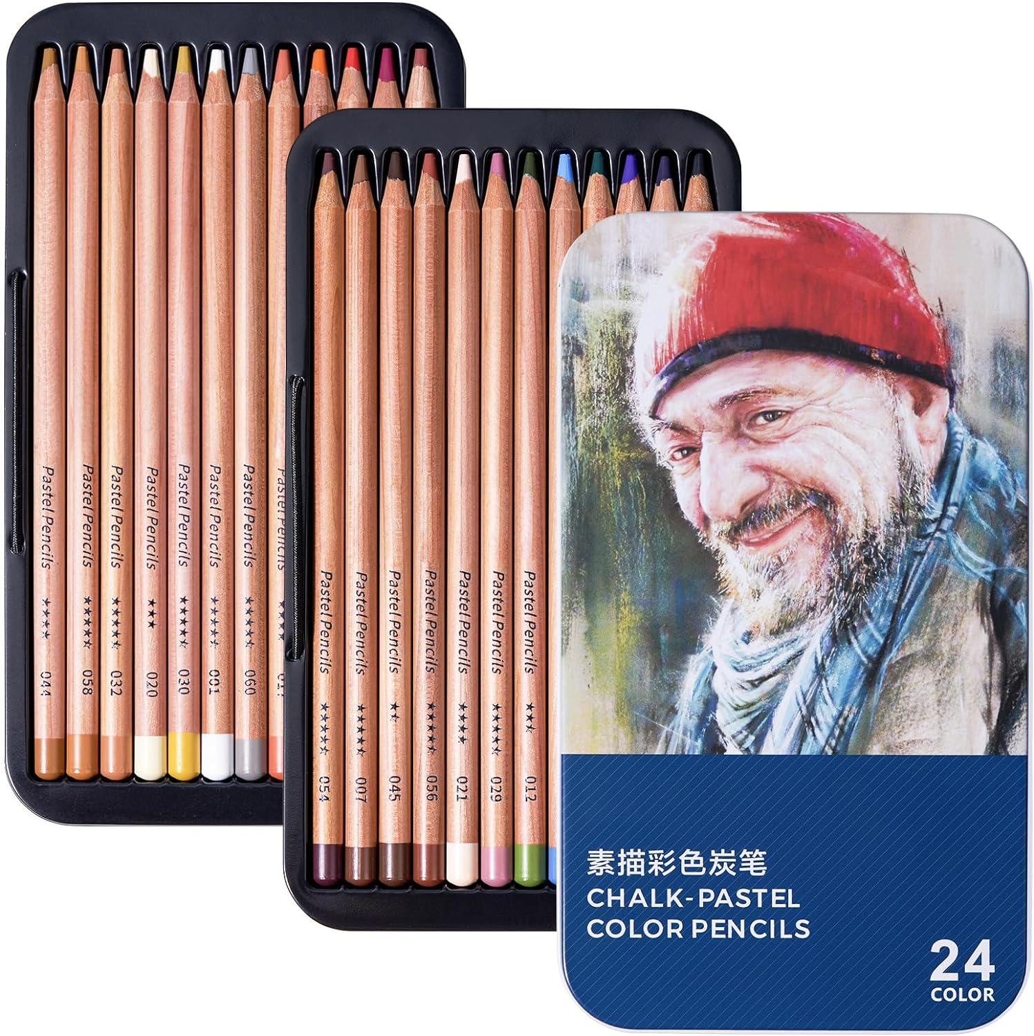 Crayons de couleur au fusain LIGHTWISH, ensemble de crayons à craie pastel de 24 couleurs dans une boîte en métal cadeau, pour artistes débutants et adultes