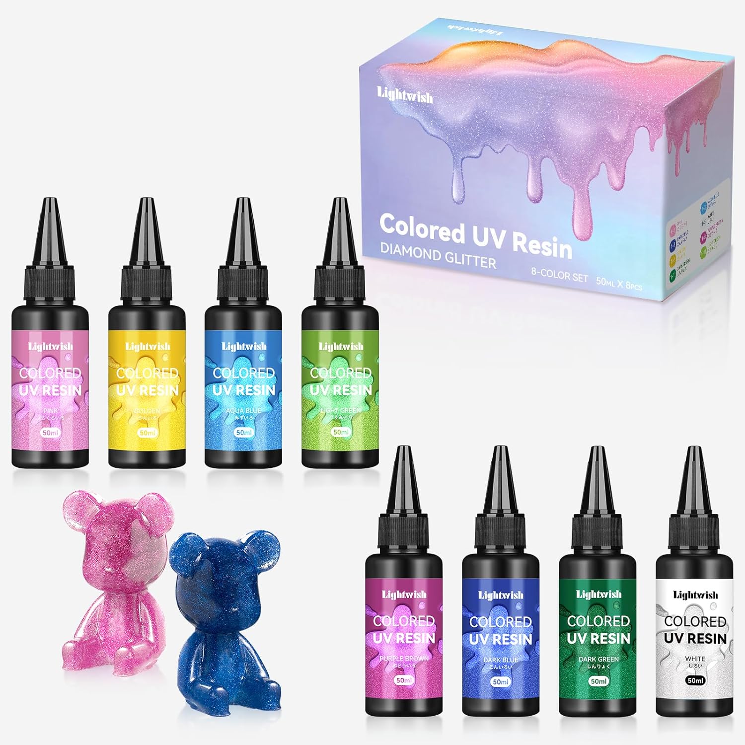 Lightwish Farbige UV-Harze, Diamant-Glitzer 8 Farben UV-Harz-Set