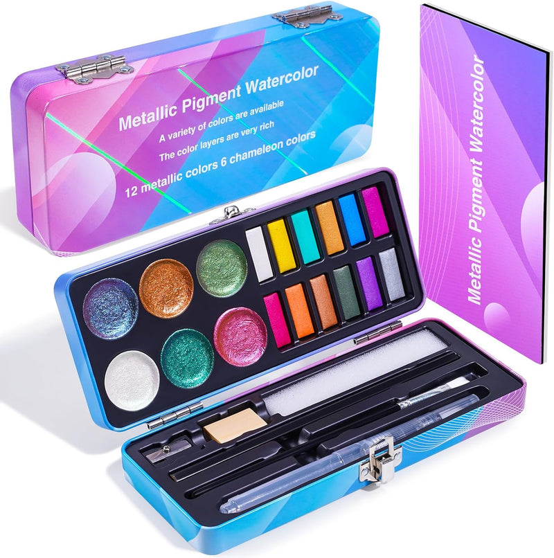 Dyvicl Glitter Metallic Watercolor Paint Set - 12 Assorted Colors, Portable  Box with Water Brush, Sparkle Metallic Accents for Black Paper Drawing