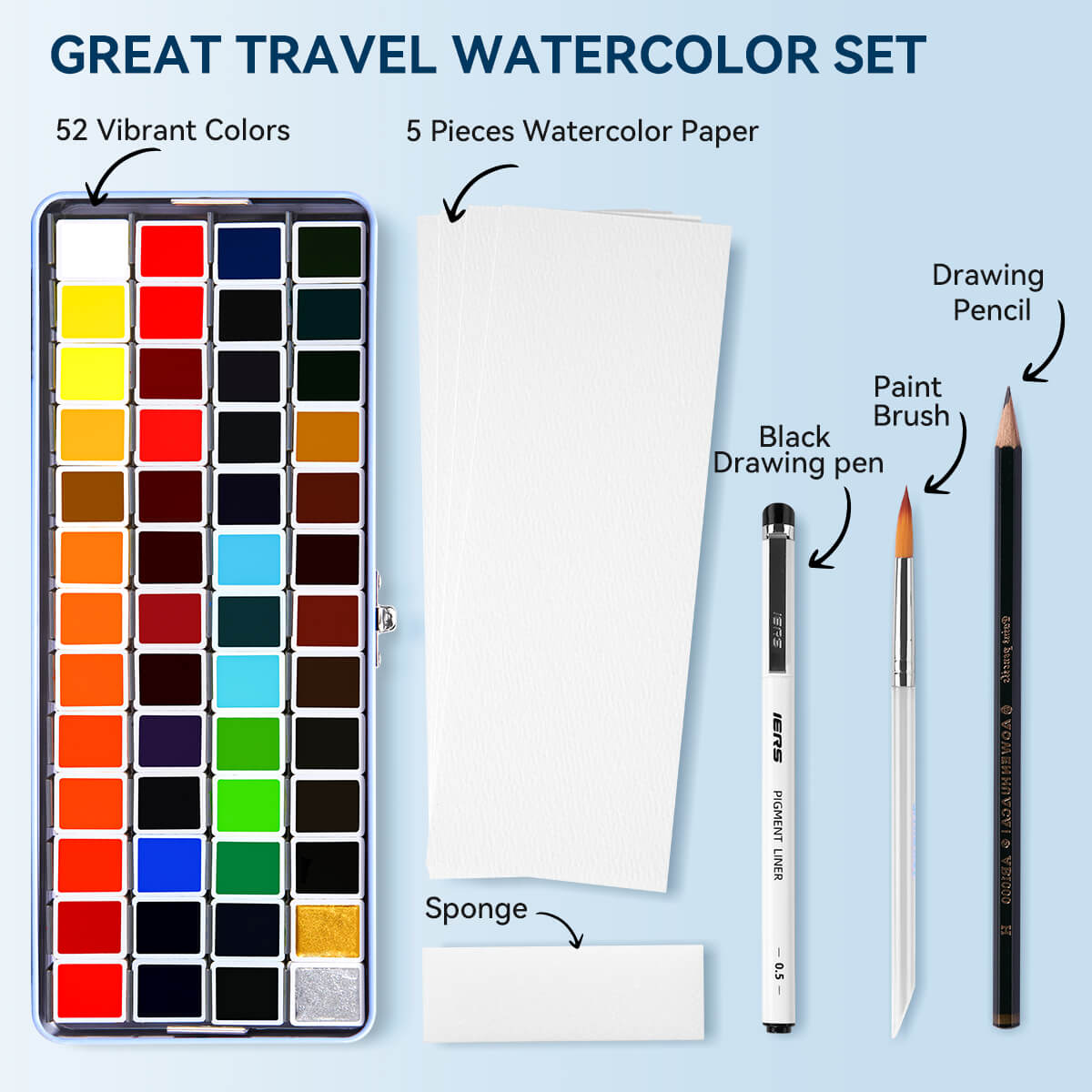 MeiLiang Solid Watercolor Paint Set 52 Colors Standard (Blue Box)