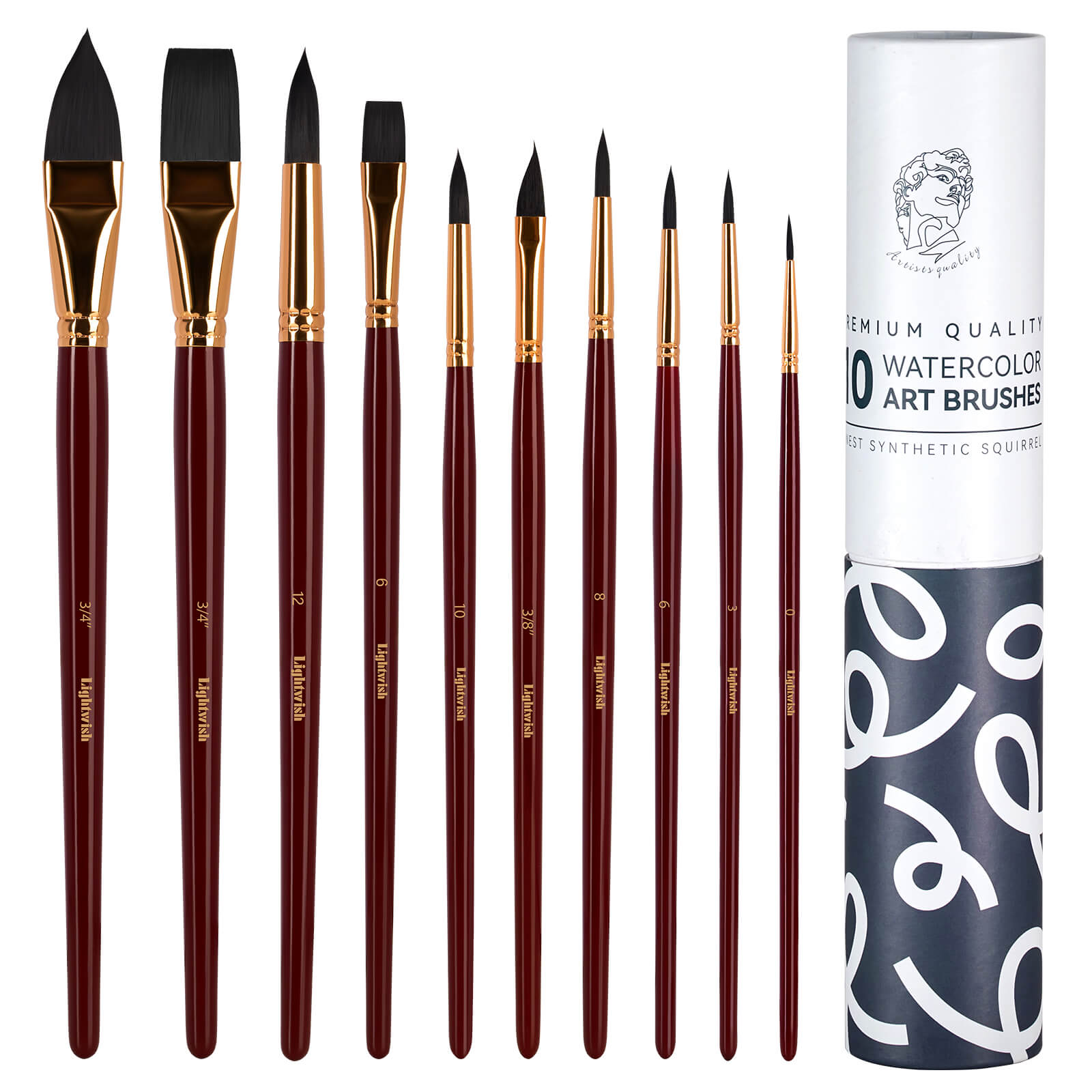 Lightwish Watercolor Brushs,10 Pcs Soft Synthetic Hair Watercolor Paint Brush Set, Including Pointed Rounds, Flats, Dagger, Oval Wash for Watercolor, Gouache, Ink