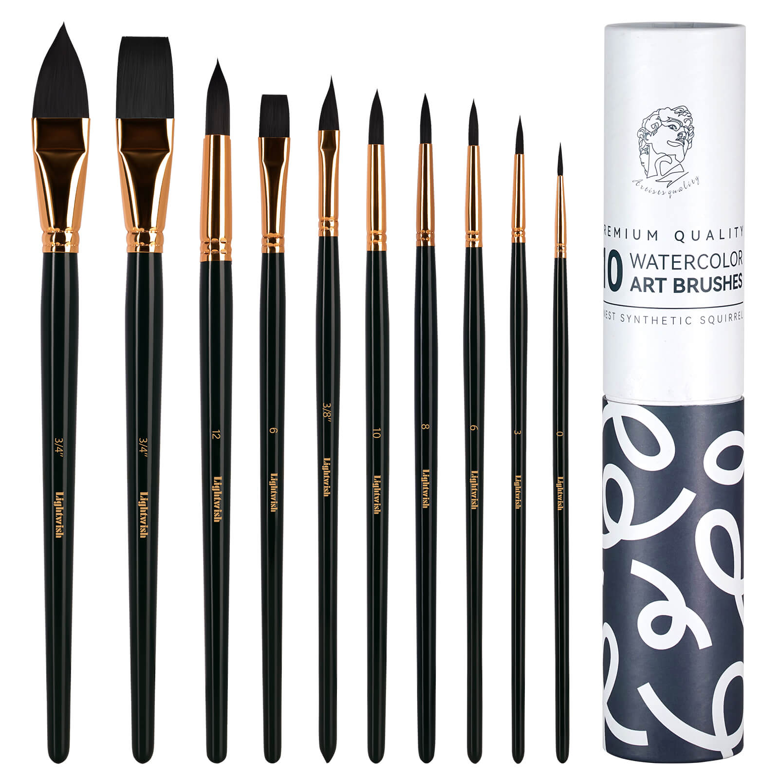 Lightwish Watercolor Brushs,10 Pcs Soft Synthetic Hair Watercolor Paint Brush Set, Including Pointed Rounds, Flats, Dagger, Oval Wash for Watercolor, Gouache, Ink