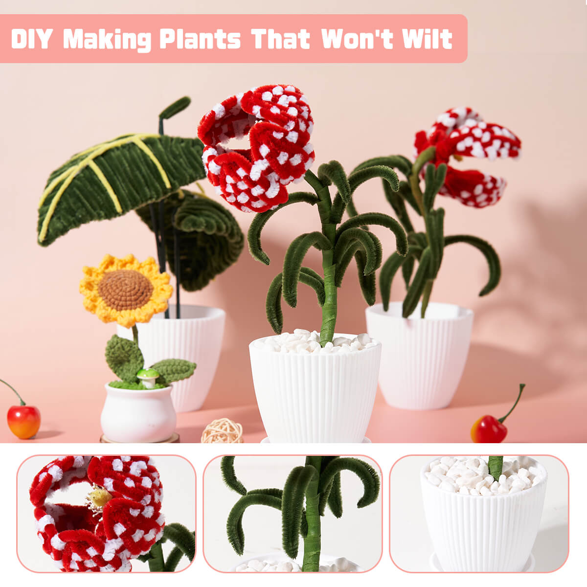 Farbclub Pipe Cleaners, Pipe Cleaners Craft with Tutorial Cannibal, Chenille Pipe Cleaners with Plastic Flowerpot, Flower Making Kit, DIY Home Decorations, Craft Supplies Kit