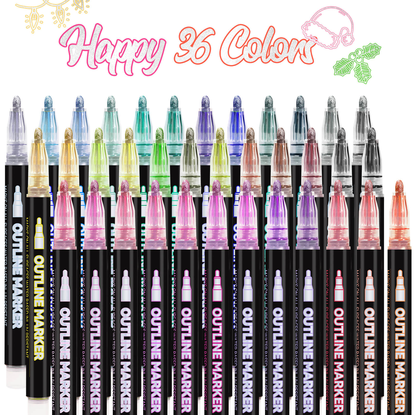 Lightwish Outline Markers 36 Colors, Shimmer Markers Double Line Outline Markers Glitter Markers Set