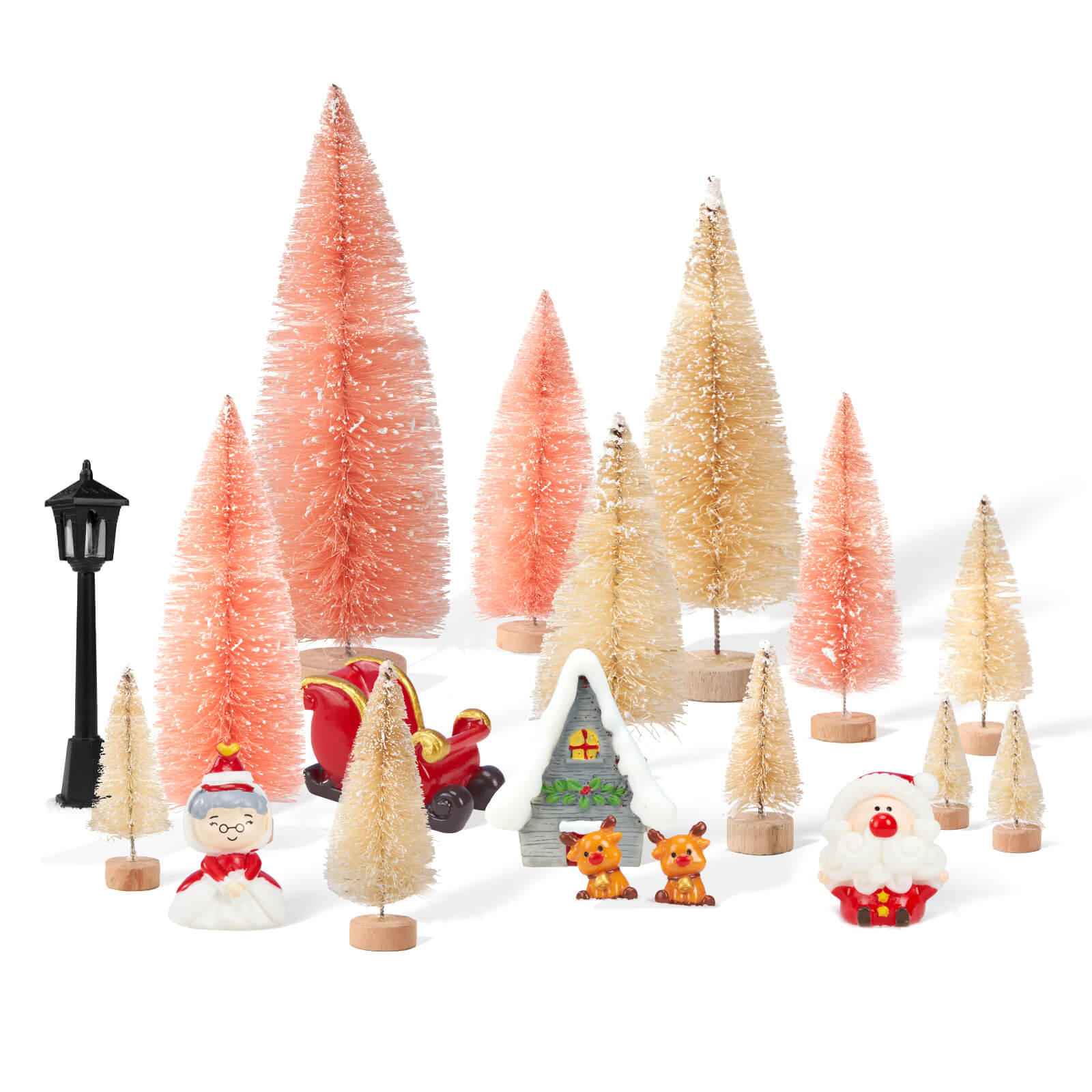 Farbclub 19 PCS Mini Christmas Trees, Artificial Christmas Tree Bottle Brush Trees with Wooden Base, Ideal for Holiday Decorations, Winter Crafts, and Tabletop Displays (Pink, White)