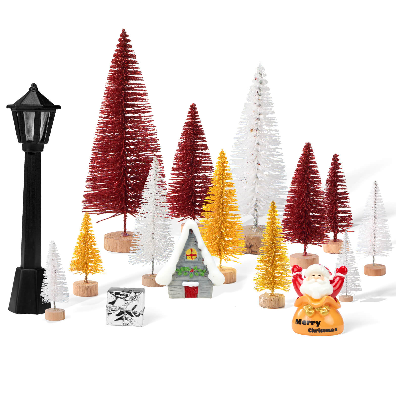 Farbclub 16 PCS Mini Christmas Trees, Artificial Christmas Tree Bottle Brush Trees with Wooden Base, Ideal for Holiday Decorations, Winter Crafts, and Tabletop Displays (Red, White, Gold)