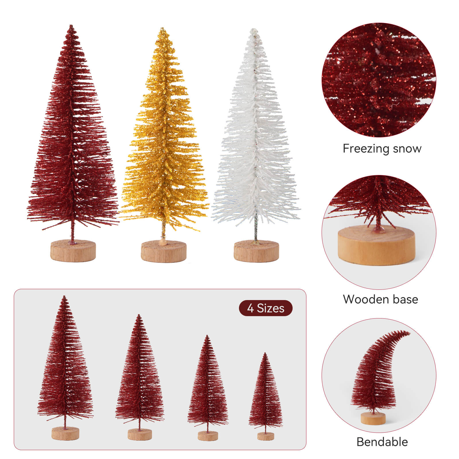 Farbclub 16 PCS Mini Christmas Trees, Artificial Christmas Tree Bottle Brush Trees with Wooden Base, Ideal for Holiday Decorations, Winter Crafts, and Tabletop Displays (Red, White, Gold)