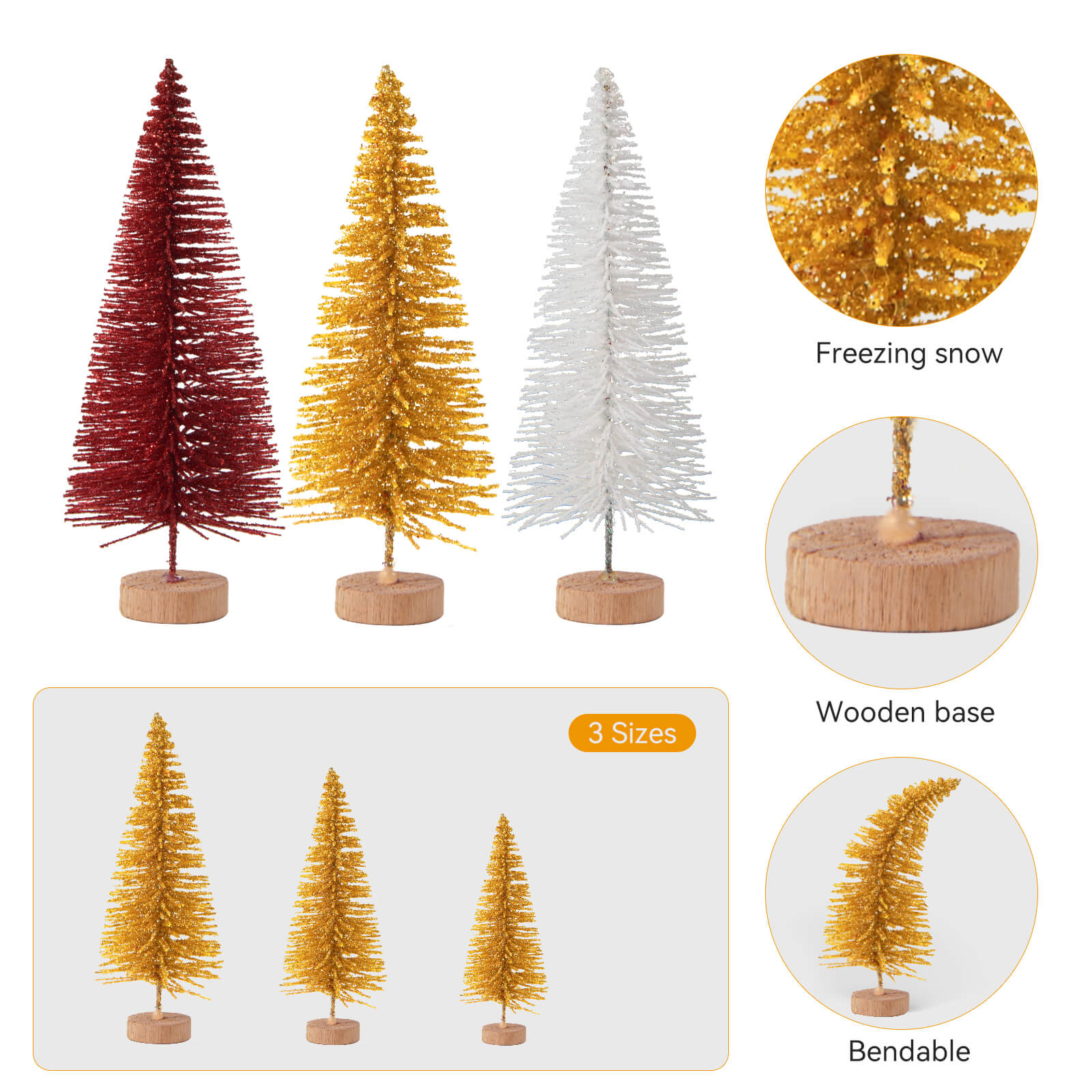 Farbclub 16 PCS Mini Christmas Trees, Artificial Christmas Tree Bottle Brush Trees with Wooden Base, Ideal for Holiday Decorations, Winter Crafts, and Tabletop Displays (Red, White, Gold)