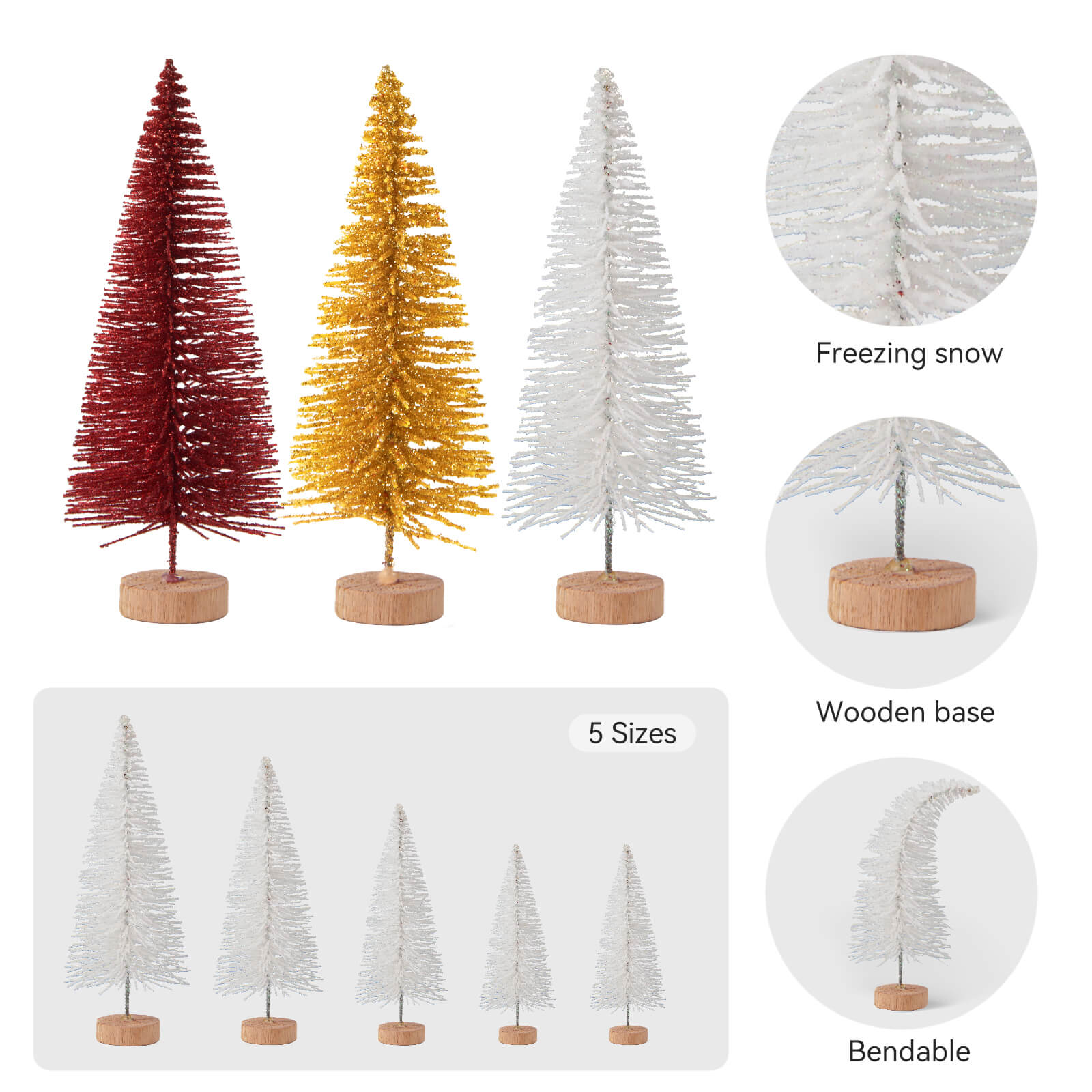 Farbclub 16 PCS Mini Christmas Trees, Artificial Christmas Tree Bottle Brush Trees with Wooden Base, Ideal for Holiday Decorations, Winter Crafts, and Tabletop Displays (Red, White, Gold)