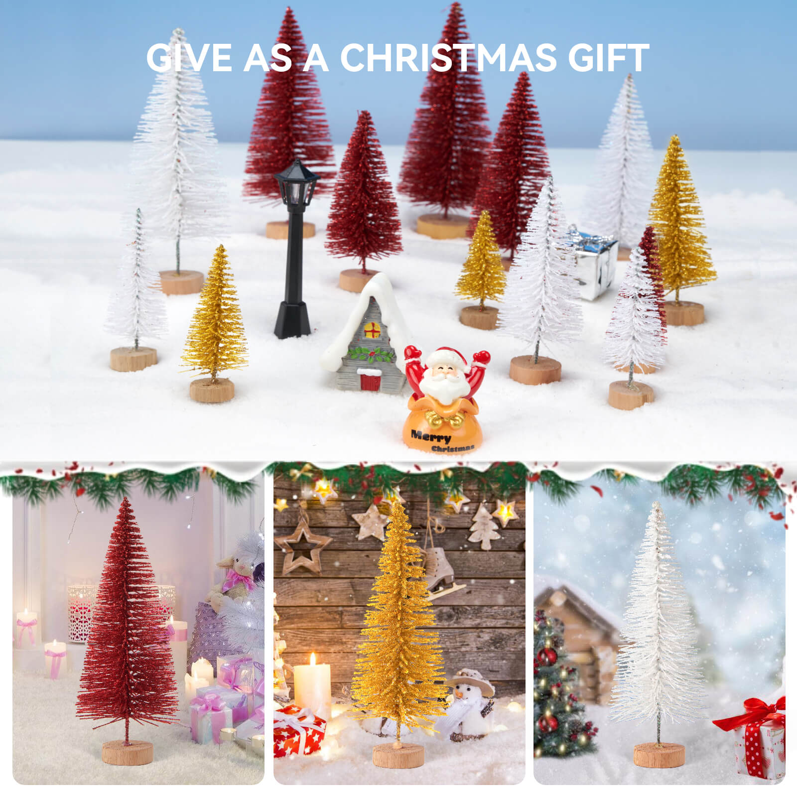 Farbclub 16 PCS Mini Christmas Trees, Artificial Christmas Tree Bottle Brush Trees with Wooden Base, Ideal for Holiday Decorations, Winter Crafts, and Tabletop Displays (Red, White, Gold)