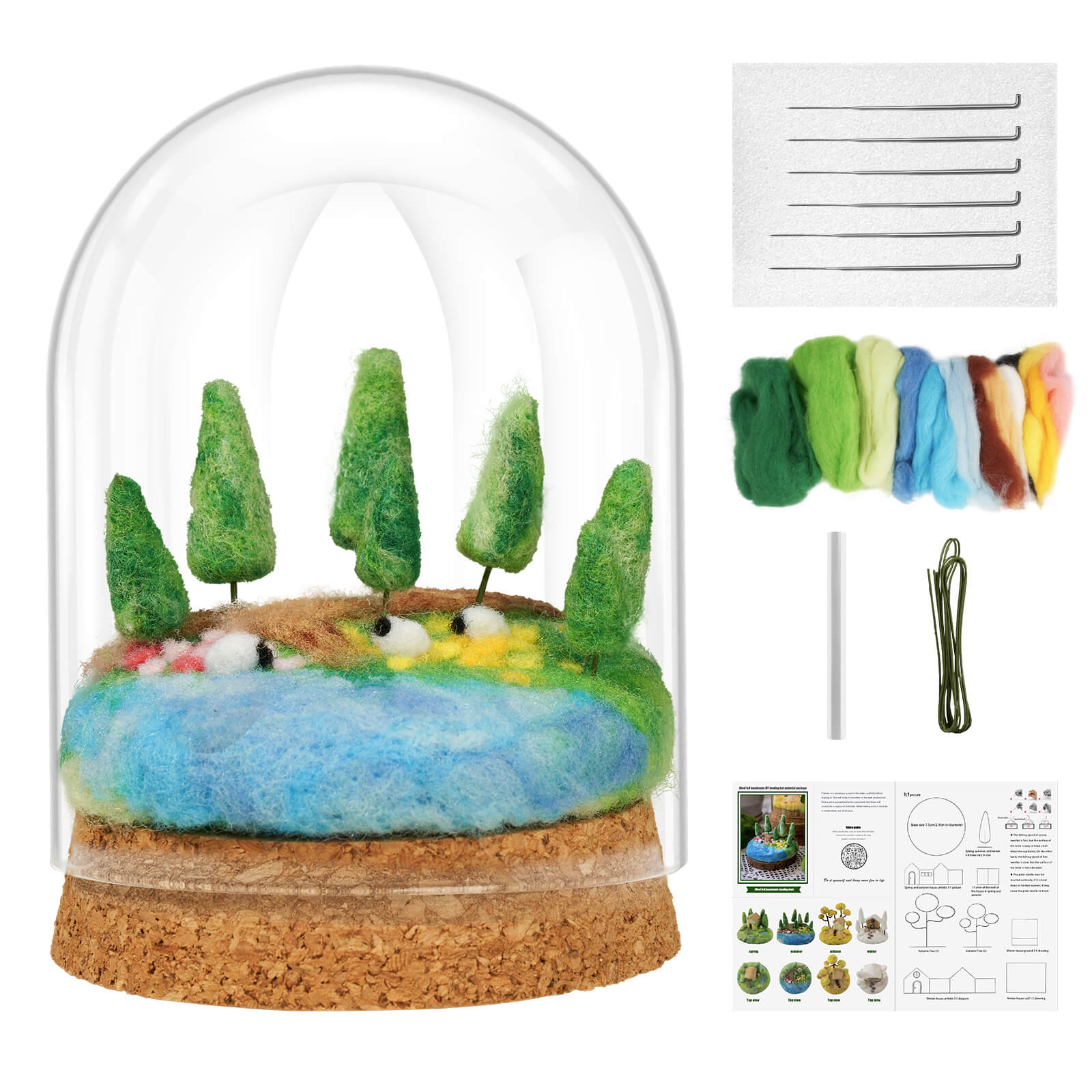 Farbclub Needle Felting Kit, Seasonal Scenery DIY Wool Felting Kit with Wool Roving Glass Cover, Handmade Craft Felting Kit Perfect for Beginners, Adults, Ideal Gift for Craft Enthusiasts (Spring)