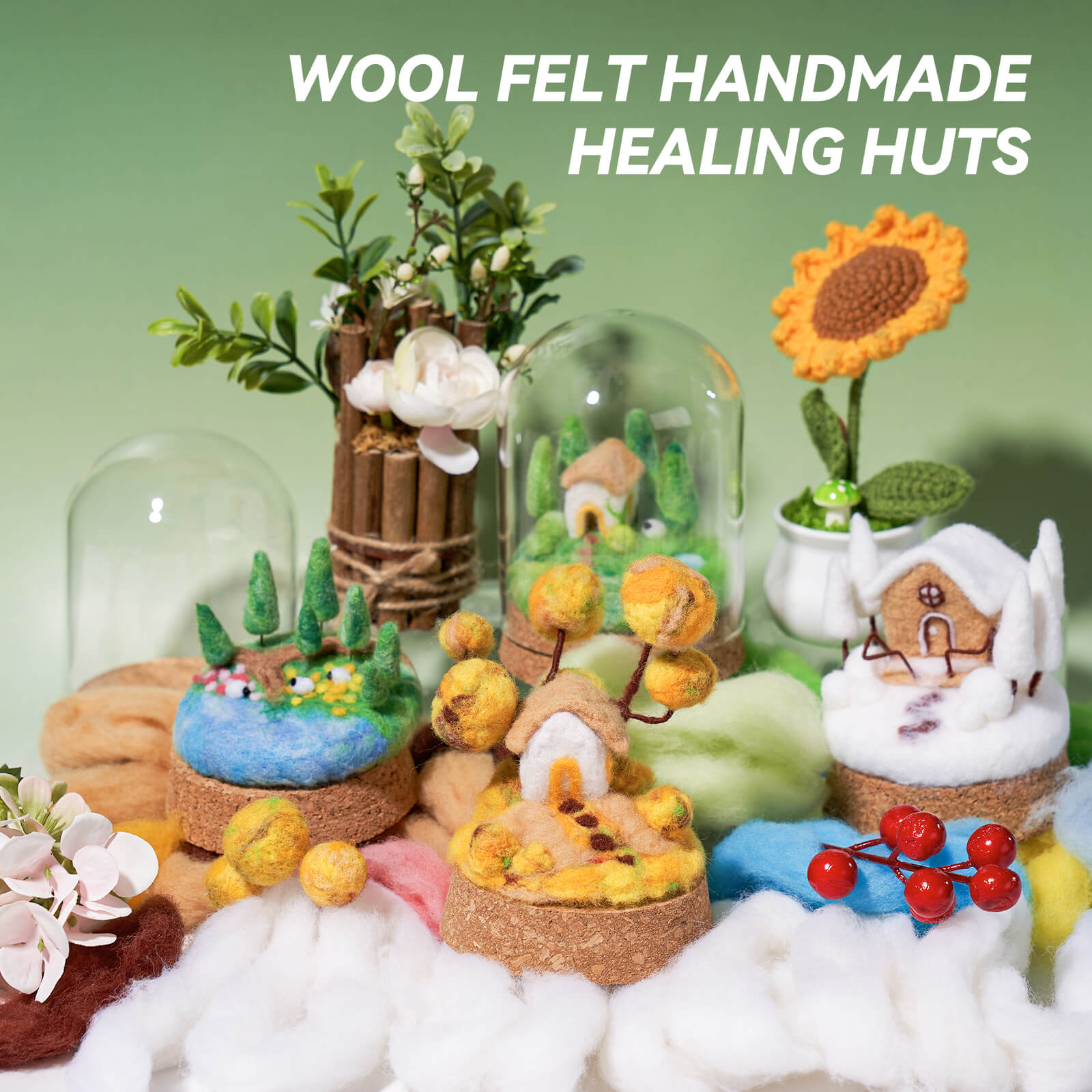 Farbclub Needle Felting Kit, Seasonal Scenery DIY Wool Felting Kit with Wool Roving Glass Cover, Handmade Craft Felting Kit Perfect for Beginners, Adults, Ideal Gift for Craft Enthusiasts (Spring)