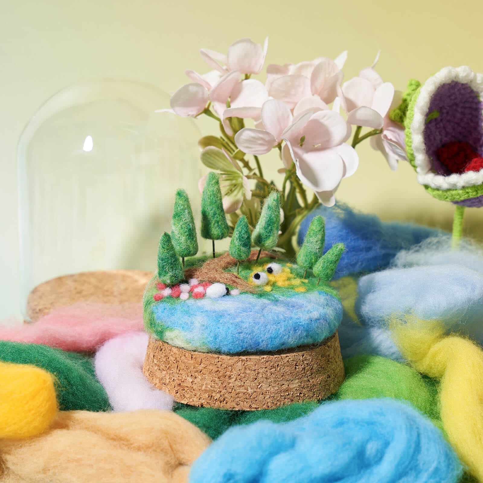 Farbclub Needle Felting Kit, Seasonal Scenery DIY Wool Felting Kit with Wool Roving Glass Cover, Handmade Craft Felting Kit Perfect for Beginners, Adults, Ideal Gift for Craft Enthusiasts (Spring)