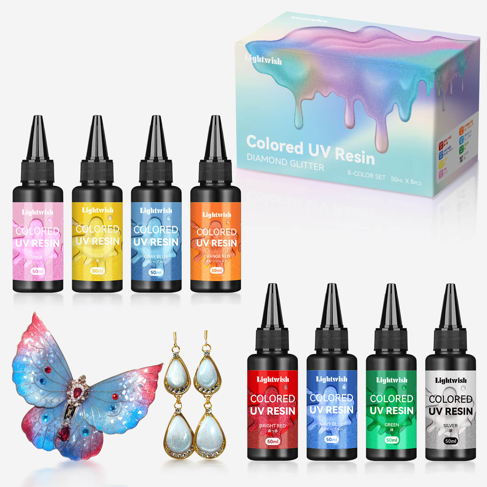 Lightwish Farbige UV-Harze, Diamant-Glitzer 8 Farben UV-Harz-Kit B