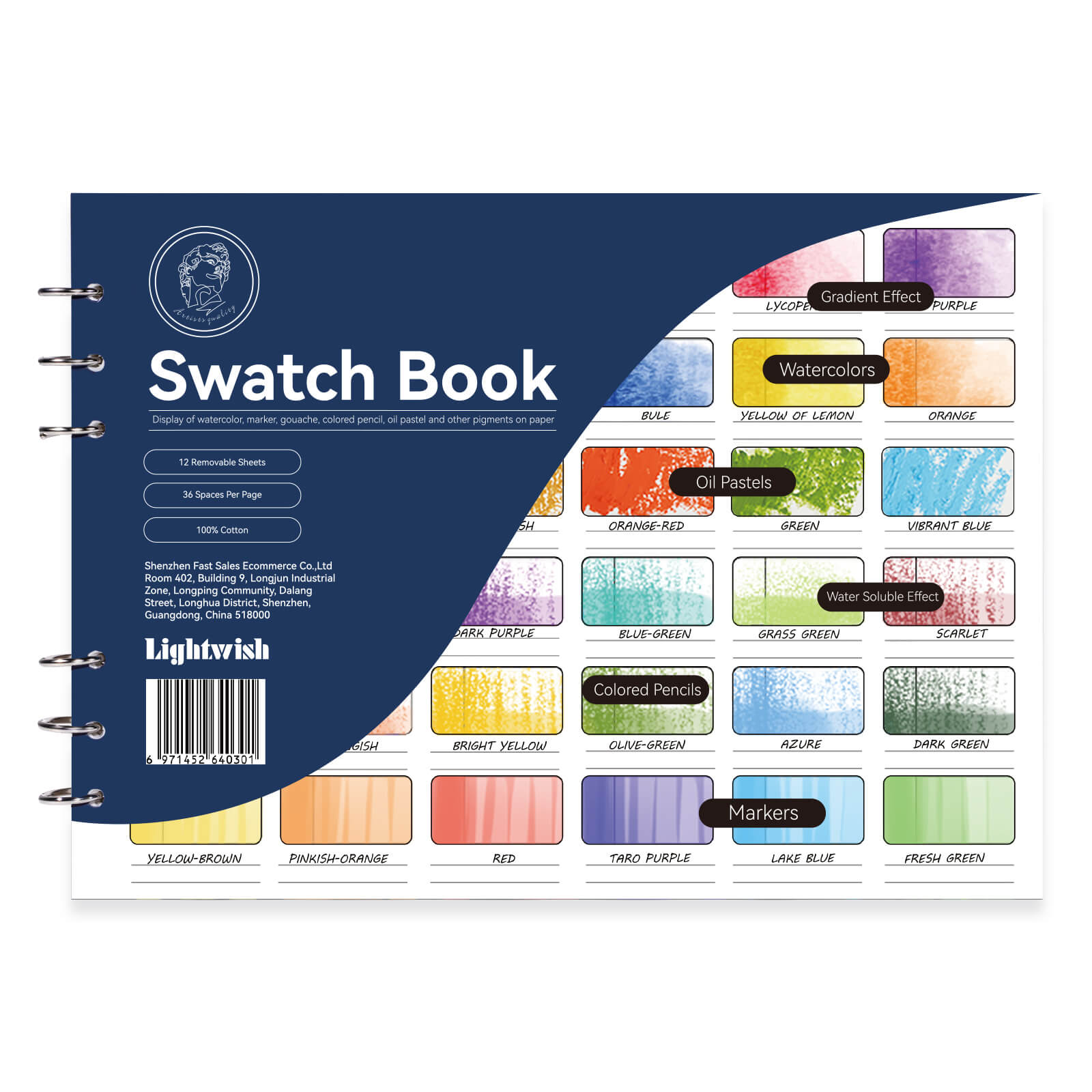 Lightwish Watercolor Swatch Book, 12 sheets, 100% Cotton, 300gsm/140lb, Acid-Free, Hot Press