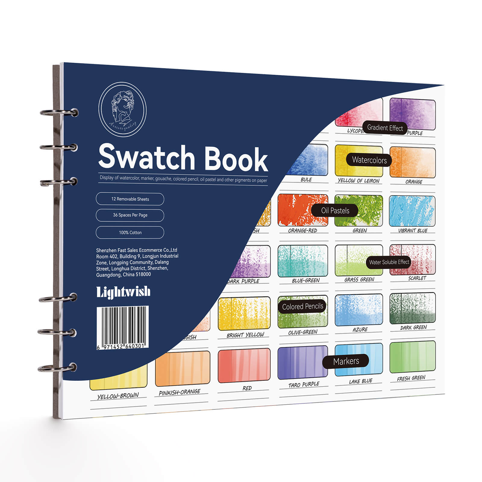 Lightwish Watercolor Swatch Book, 12 sheets, 100% Cotton, 300gsm/140lb, Acid-Free, Hot Press