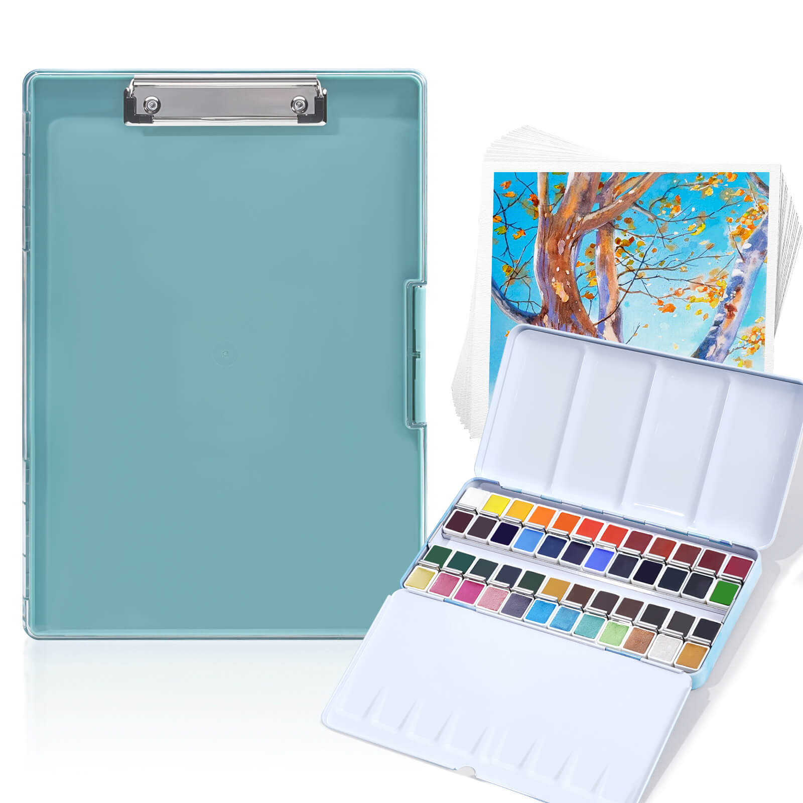 MeiLiang Watercolor Paint Set, 48 Colors Solid Watercolor + Watercolor Paper + Art Supplies Plastic Storage Box