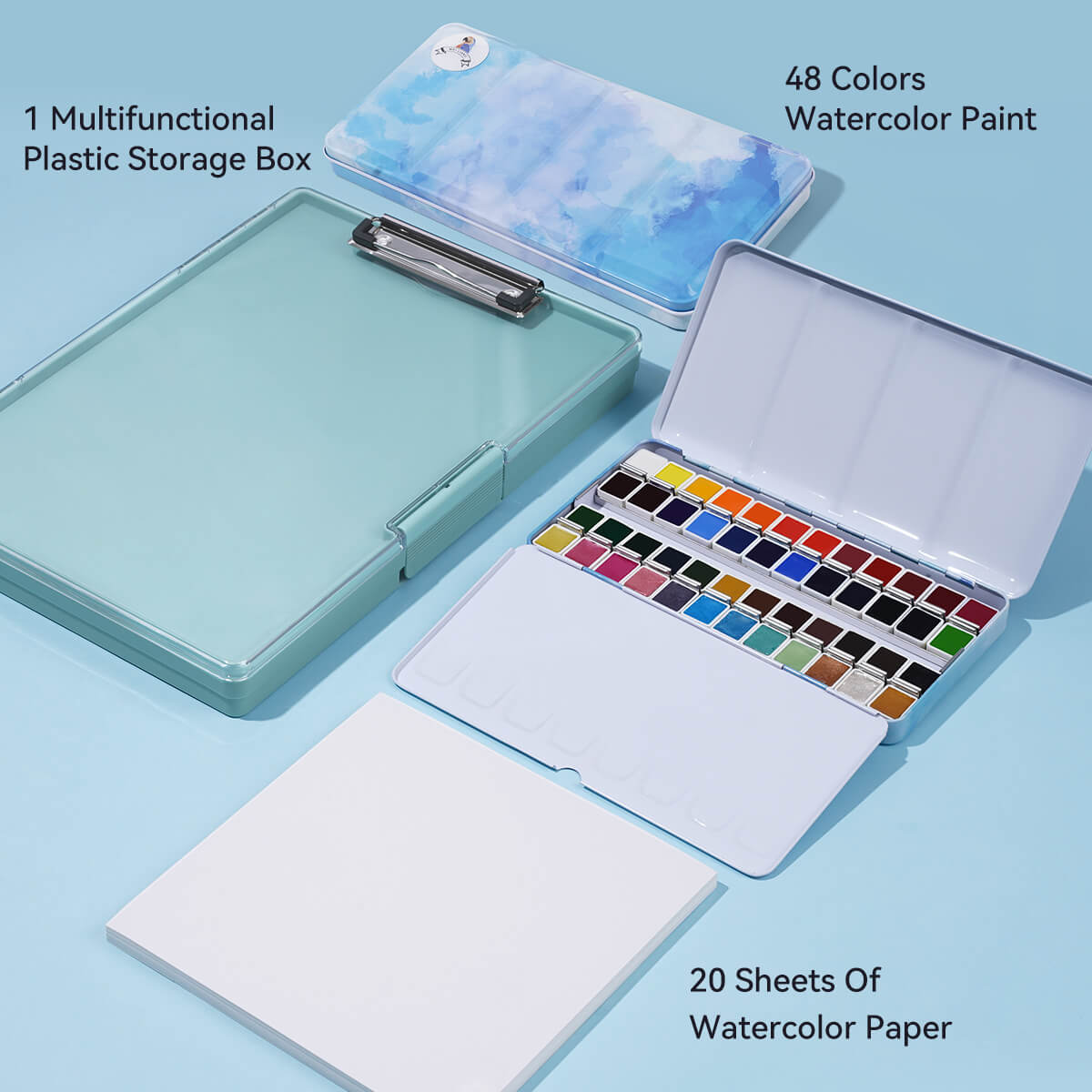 MeiLiang Watercolor Paint Set, 48 Colors Solid Watercolor + Watercolor Paper + Art Supplies Plastic Storage Box