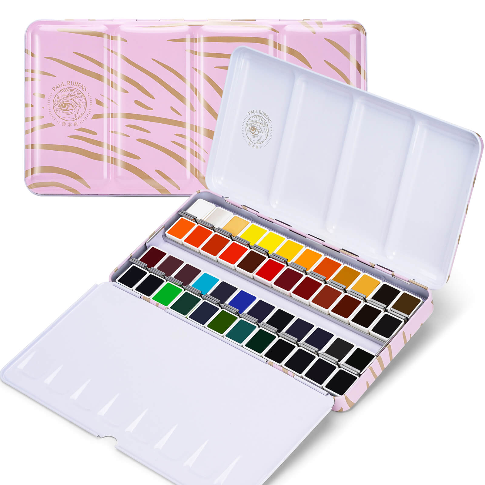 Coffret de peinture aquarelle Paul Rubens Artist, 48 couleurs vives dans une boîte en fer blanc portable (rose et or)