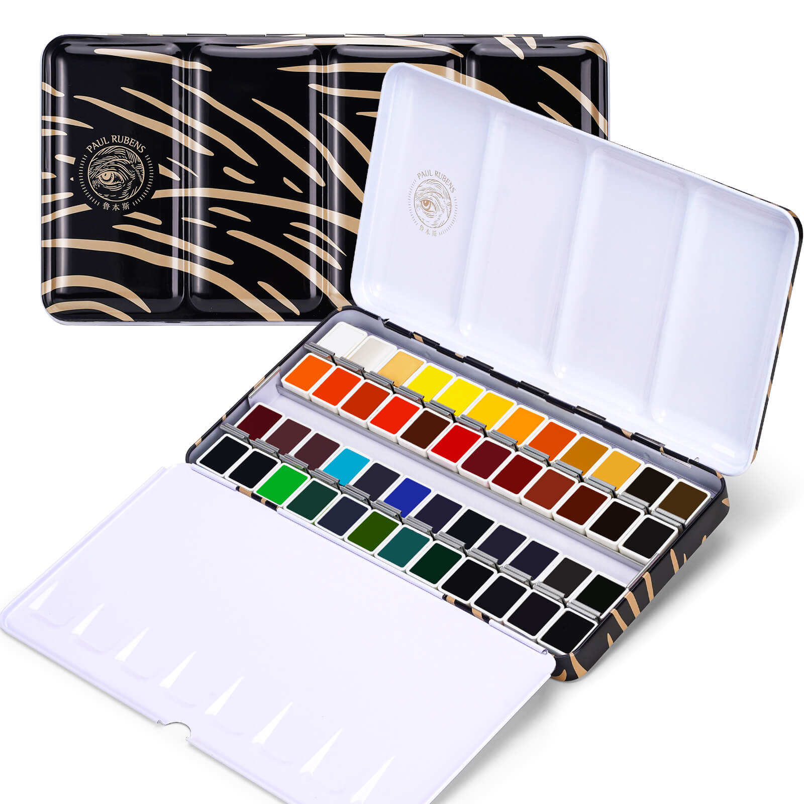 Coffret de peinture aquarelle Paul Rubens Artist, 48 couleurs vives dans une boîte en fer blanc portable (noir et or)