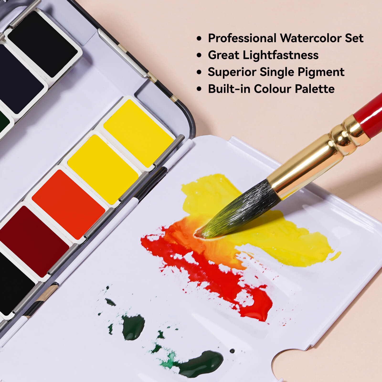 Paul Rubens Artist Watercolor Paint Set, 12 Vibrant Colors in Portable Tin Box(Black and Gold)