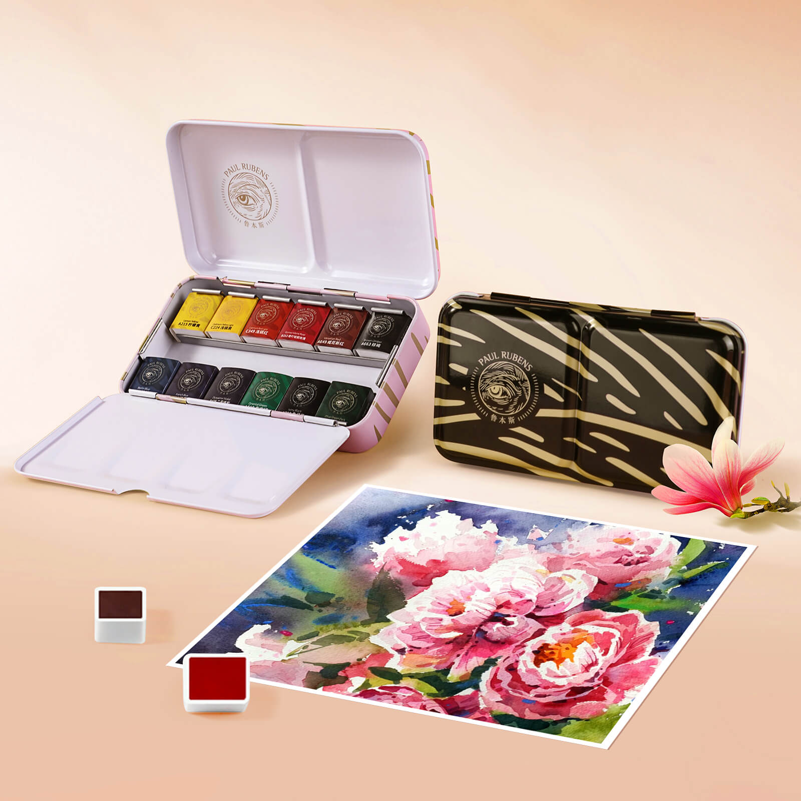 Paul Rubens Artist Watercolor Paint Set, 12 Vibrant Colors in Portable Tin Box(Black and Gold)