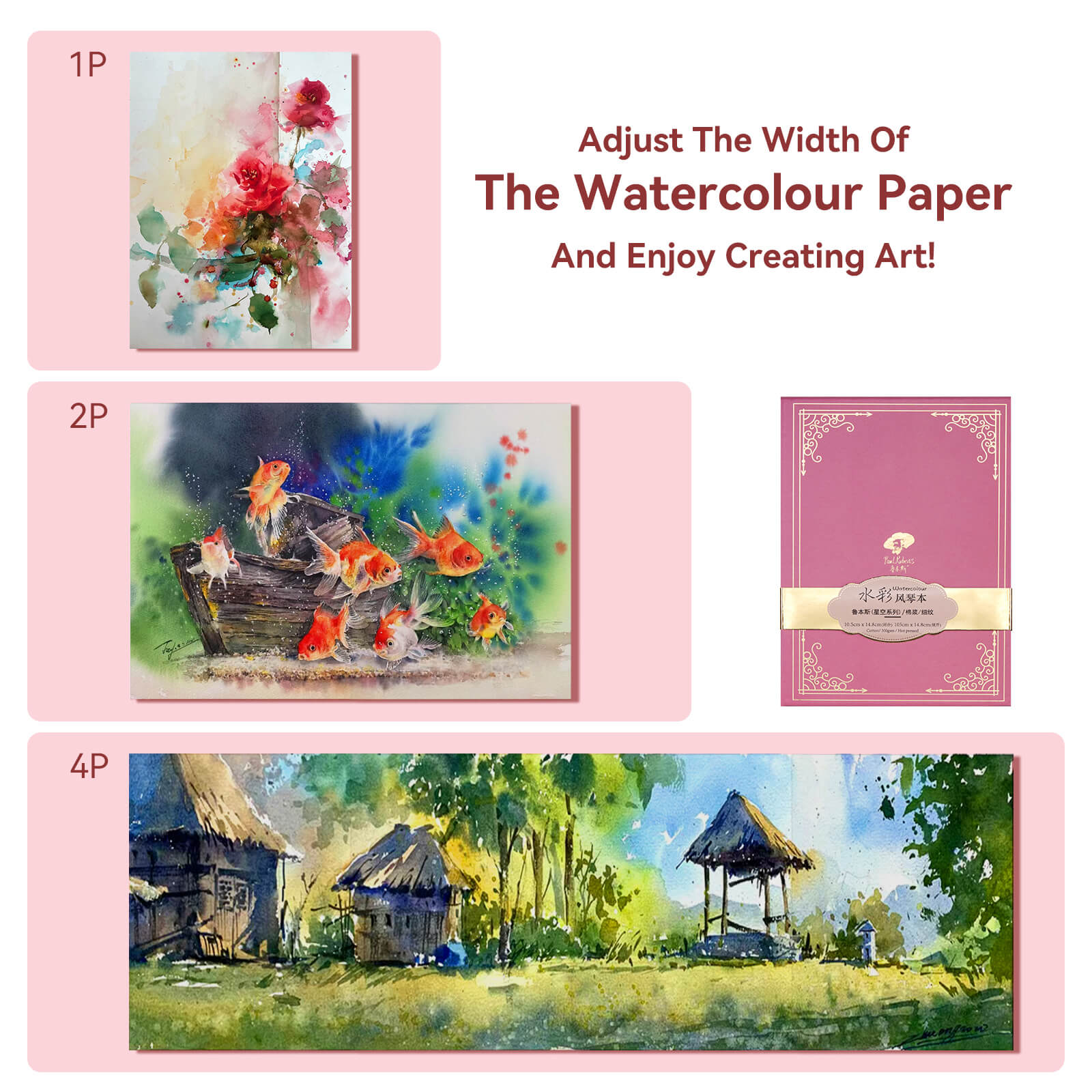 Paul Rubens Watercolor Sketchbook Organ Style Watercolor Journal - Hot Press Pink 5.8 x 4.1 Inches, Pack of 2 (20 Sheets)