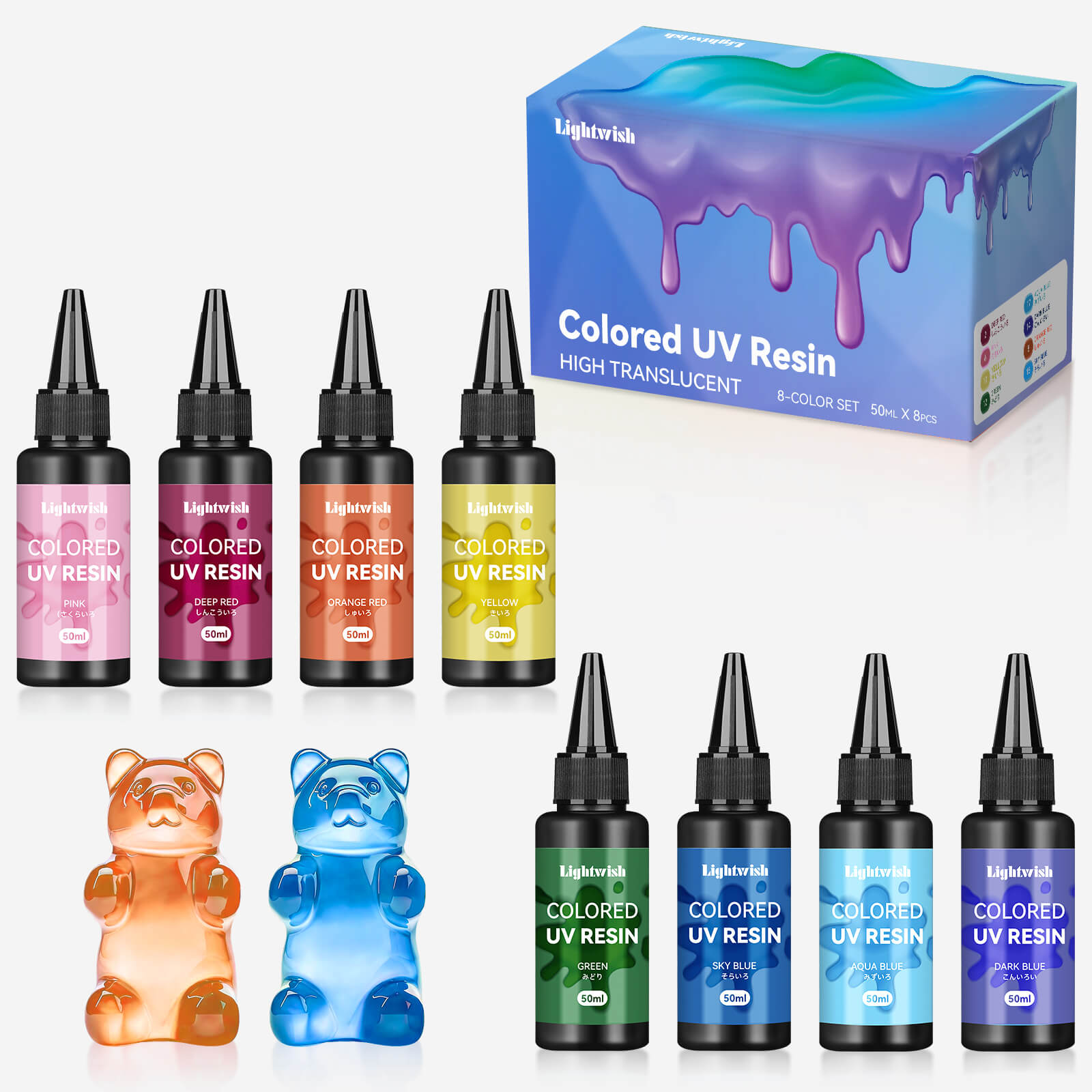 Résines UV colorées Lightwish, haute transparence 8 couleurs