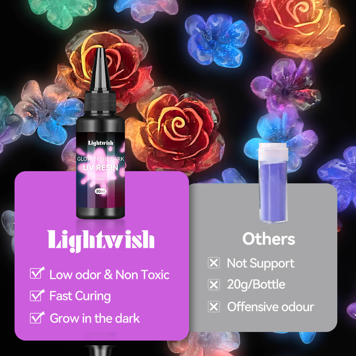 Lightwish Glow in The Dark Résine UV 400 g, 8 couleurs