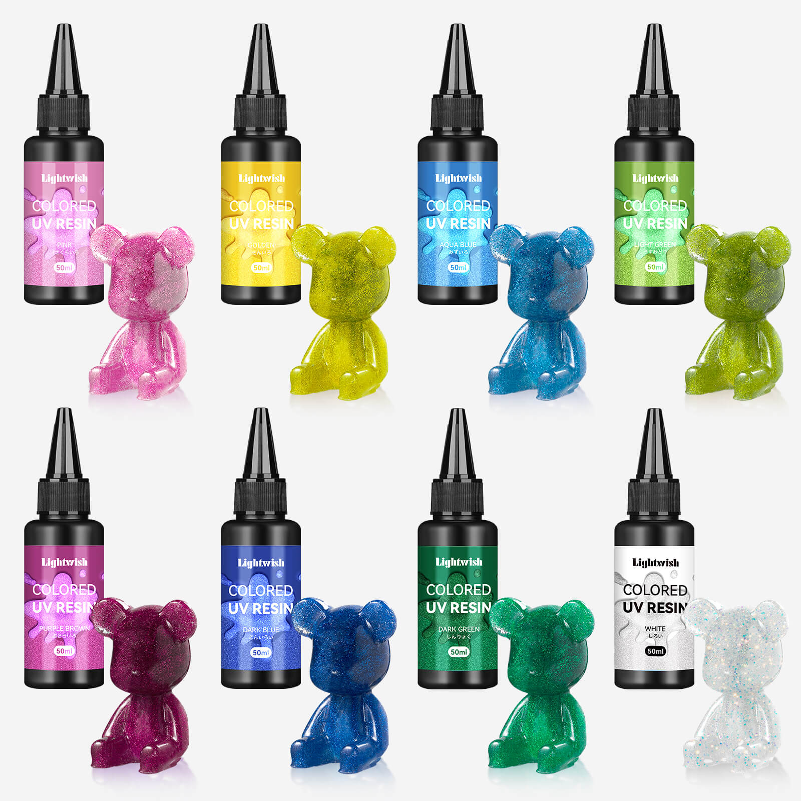 Résines UV colorées Lightwish, kit de résine UV Diamond Glitter 8 couleurs