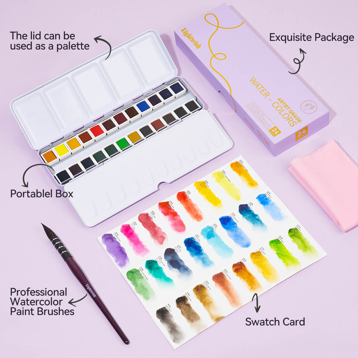 Lightwish Watercolor Paint Set, 24 and 48 Colors(Single-Pigment Colors)  with Brushes, Travel Portable Set