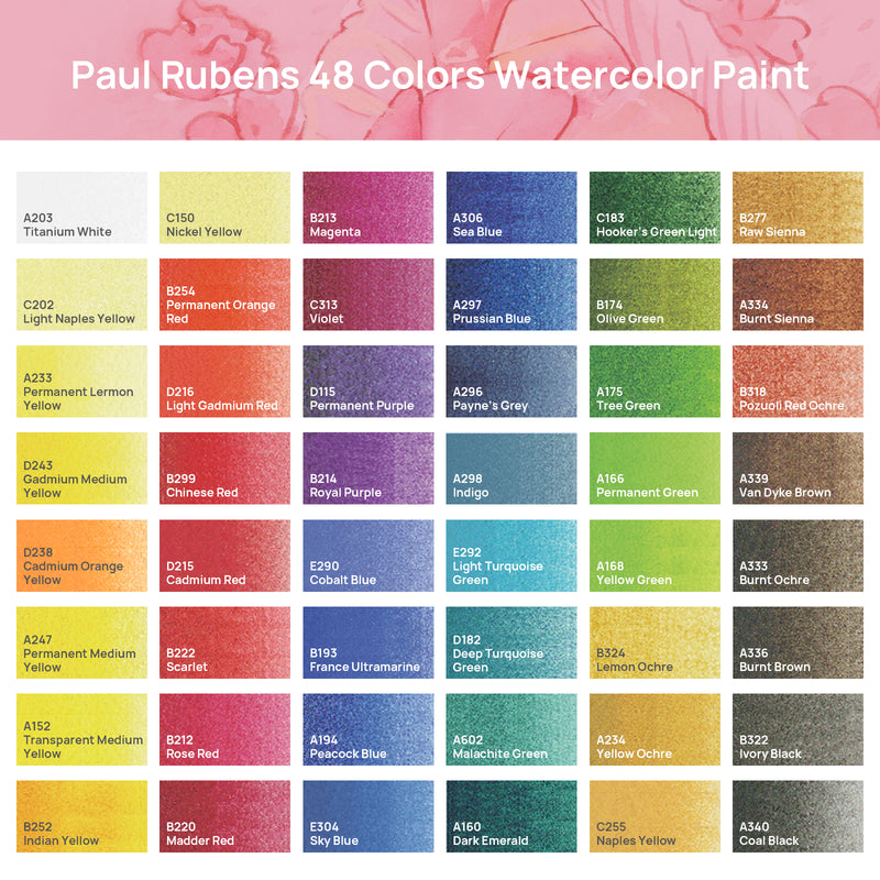 Paul Rubens Artist Grade Watercolor Paint, 48 Colors Solid Cakes