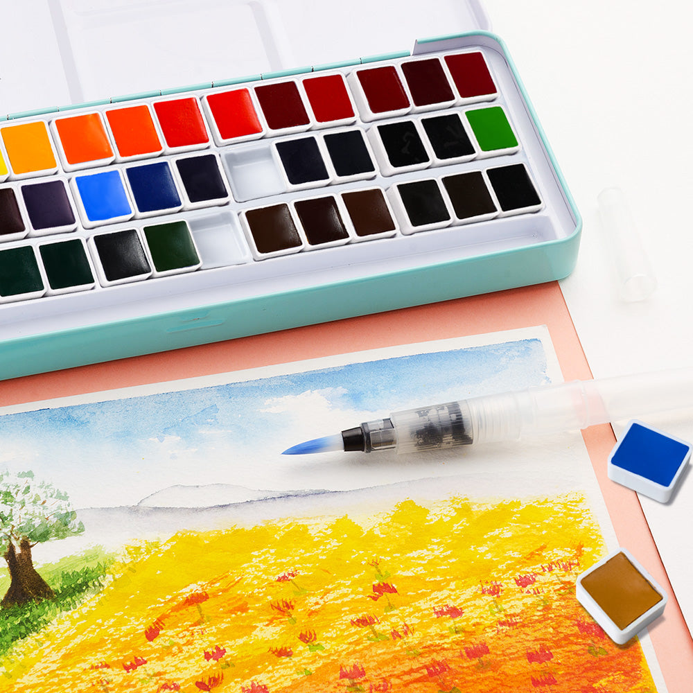 MeiLiang Aquarellfarben-Set, 36 lebendige Farben in Taschenbox mit Metallring und Aquarellpinsel